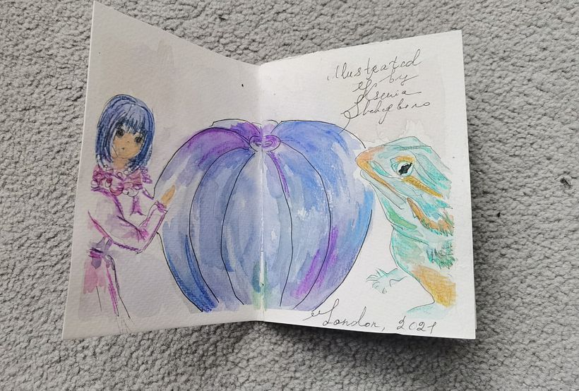I use the pumpkin as the uniting element for both characters, and both pages