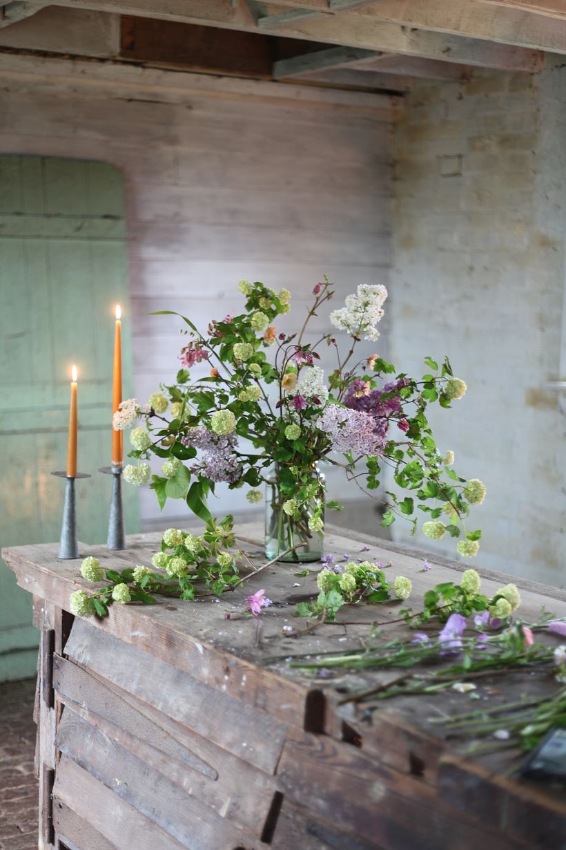 Simple table centrepiece using all locally grown flowers