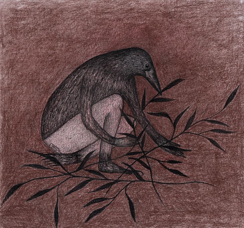 La recolectora de hiervas. 2020. Sanguina, sepia y grafito sobre papel. 20x20cm