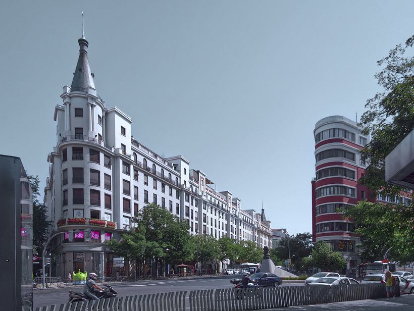 Foto 5. Calle Alcalá esquina a Goya. Edificio de Alcalá 151, monumento a Goya y Edificio Castaño.