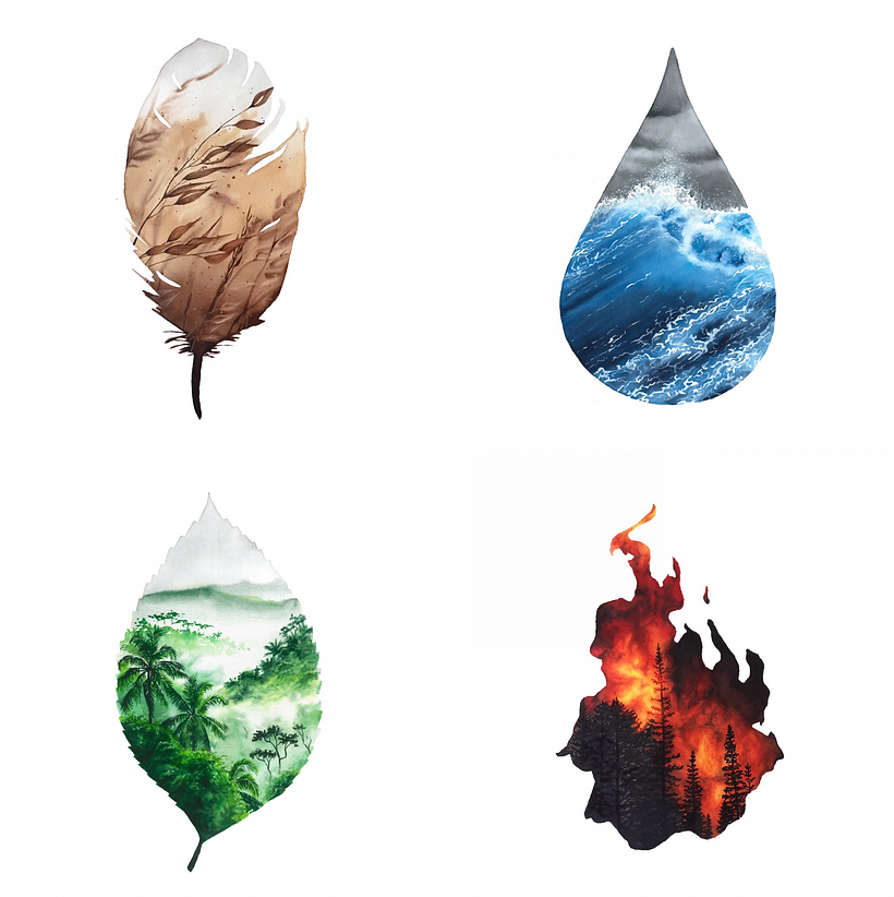 Double Exposure Aquarell Die Elemente 5