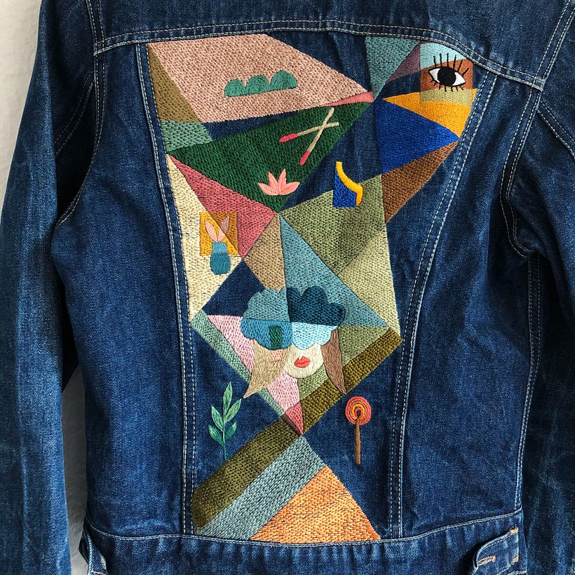 100+ hours of intuitive hand embroidery on vintage denim jacket