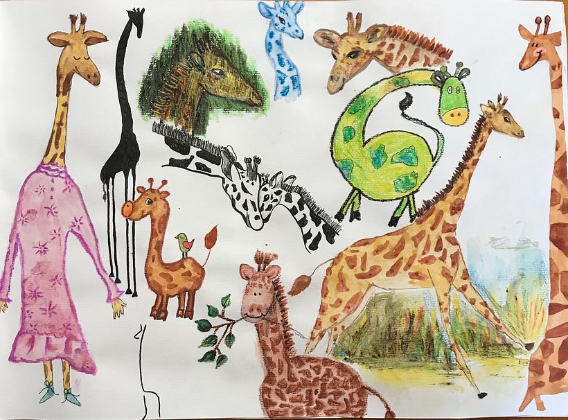 Giraffe: cere, inchiostro, acquerelli e matite acquerellabili.