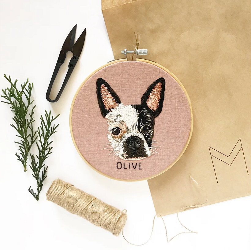 Stitched with cotton thread on pink linen fabric using a freeform thread painting technique. 6" finished size.