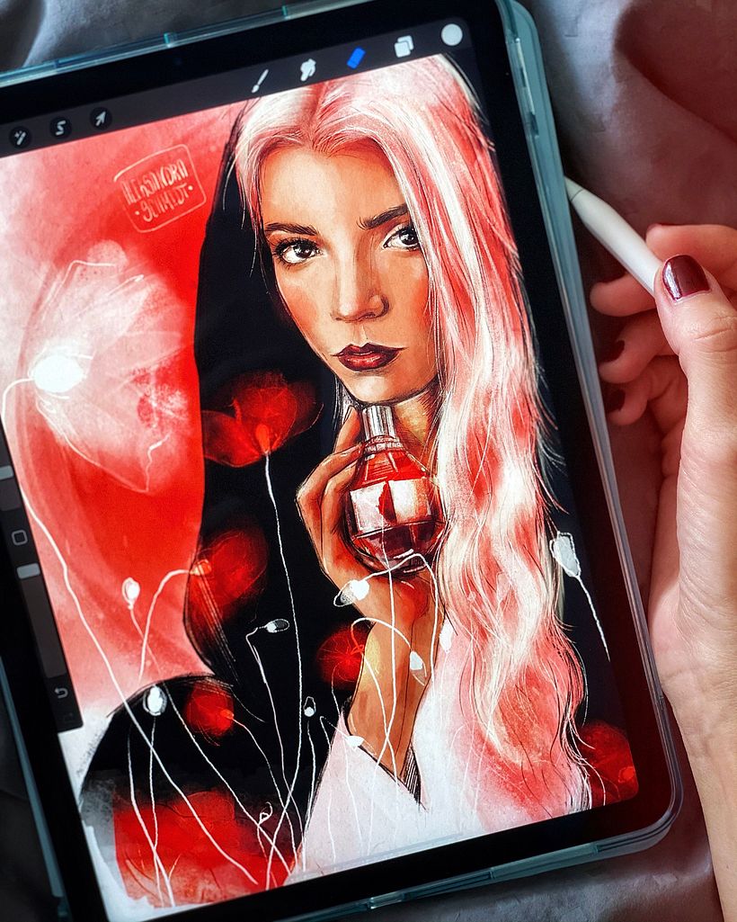 Anya Taylor-Joy portrait created based on Elena Garnu course “Illustrated Portraits with Procreate” 7