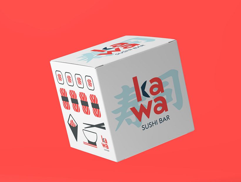 Caixa para delivery ou take away. Na lateral, os ícones representam o conteúdo da caixa.