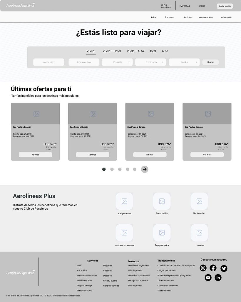 Wireframe para home de aerolínea
