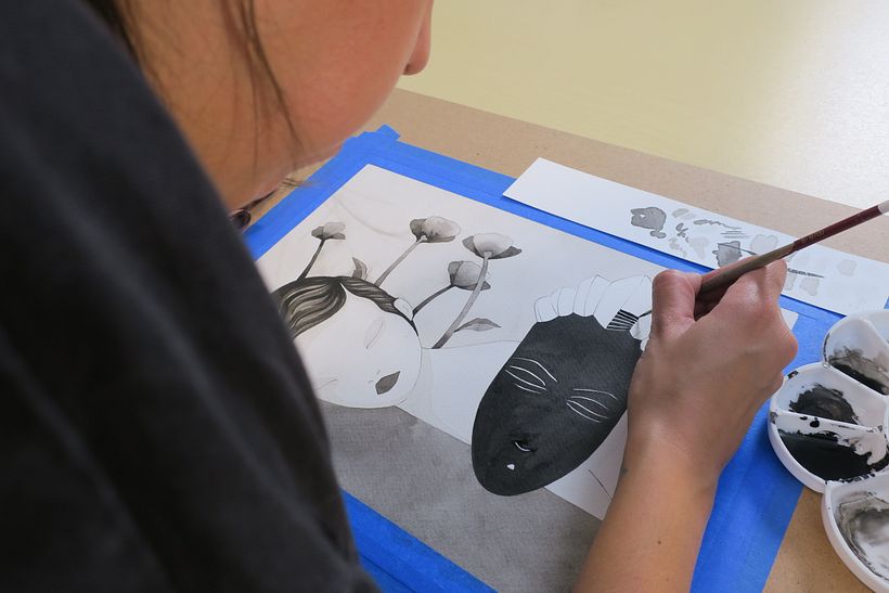 Hilda Palafox drawing with India ink.