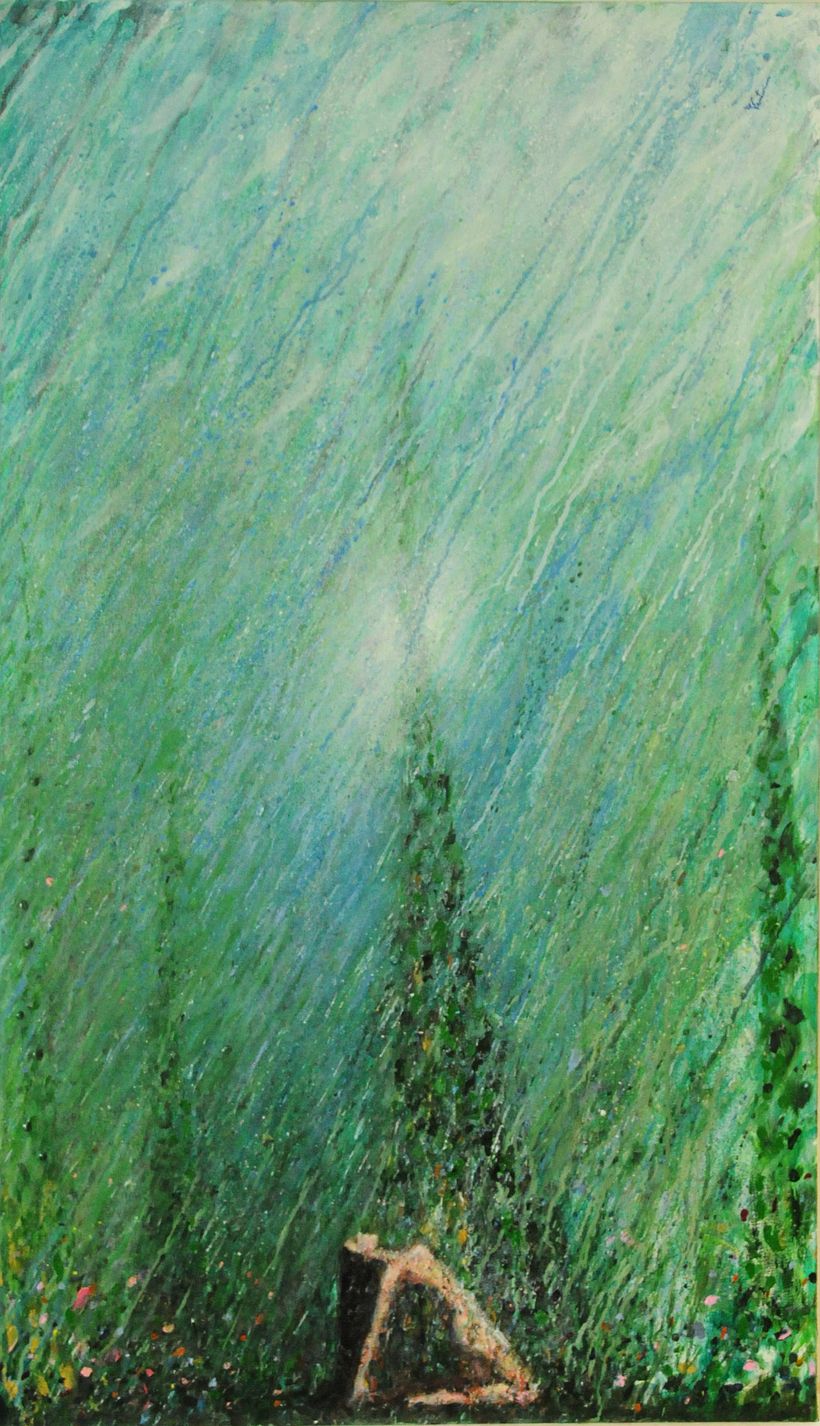 "Ciprestes, Musa, Fantasmagorias e a Luz do Centro da Chuva", acrílica sobre tela
