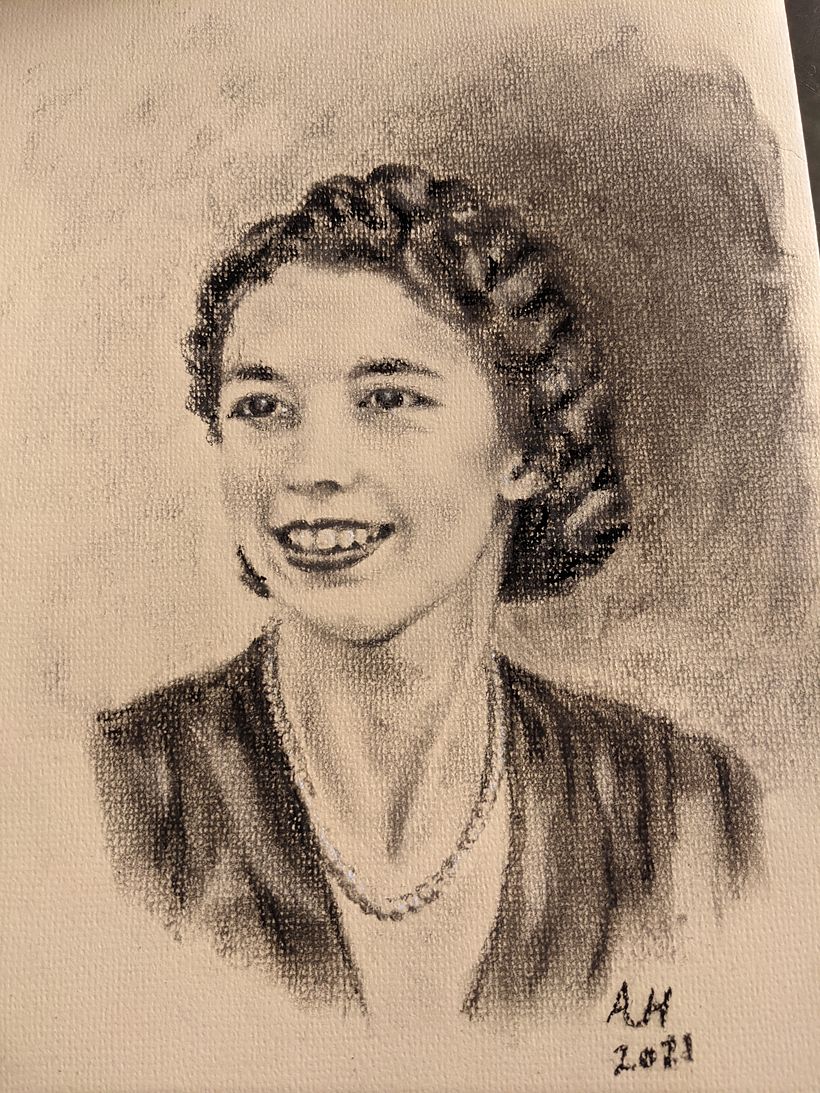"My beautiful Nan at 18" 30 x 20cm Charcoal on 170ld Sienna Pastelmat paper