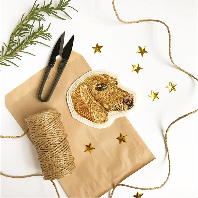 Hand embroidered patch. Cotton thread on canvas and wool blend felt. Finished size 3.5" x 4".