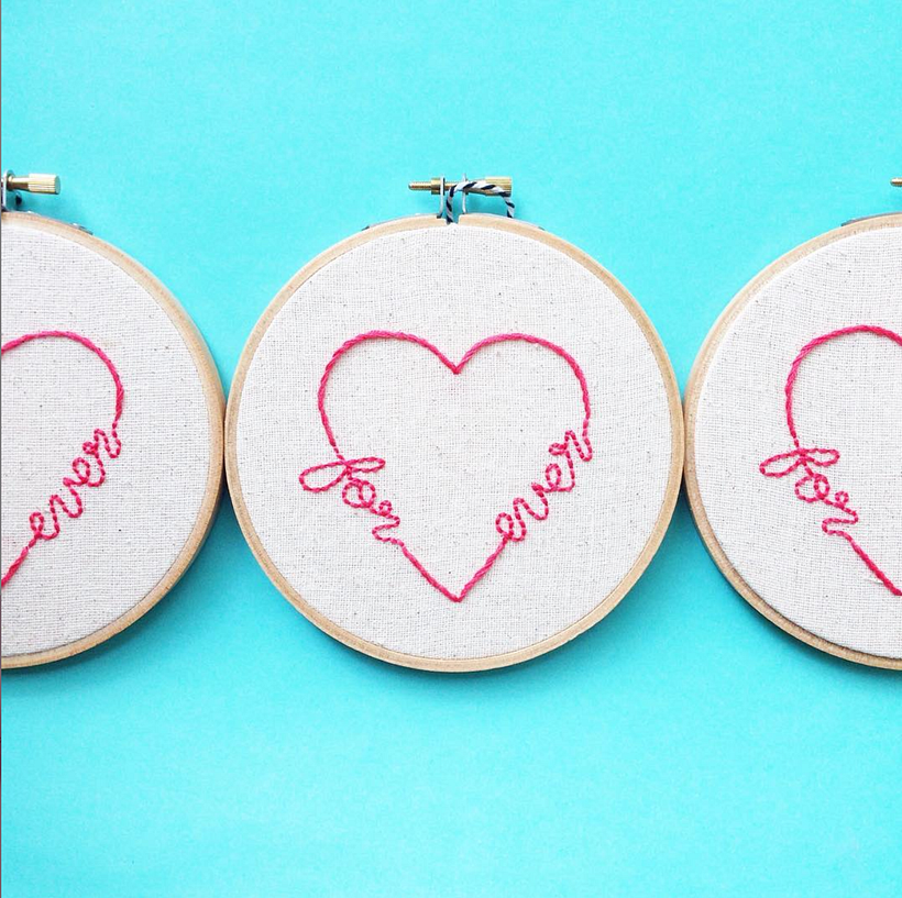 "For Ever" hand lettered and stitched hoop; cotton on canvas. 4" dia.