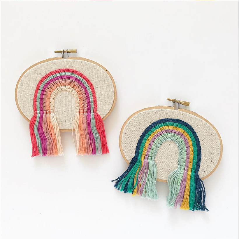 Fringe rainbow hoops. 3" x 5". Cotton thread on cotton Osnaburg.