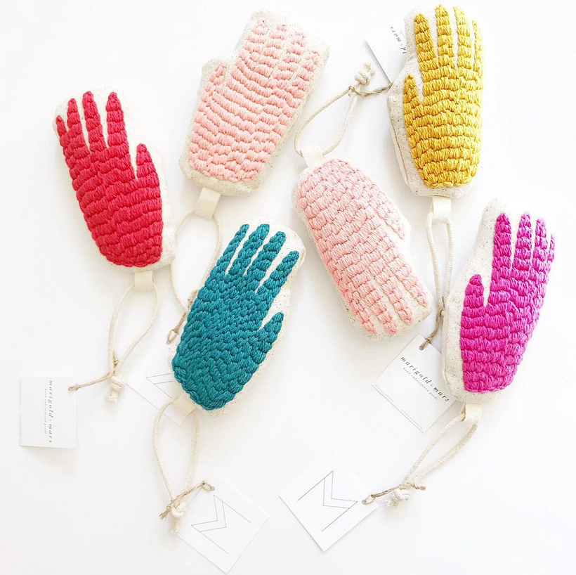 Hand tufted hand ornaments.