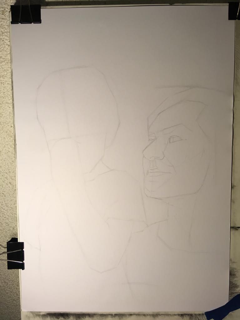 Masas y formas generales del dibujo, acá estaba dibujado ya el padre y estaba comenzado a encajar el niño.