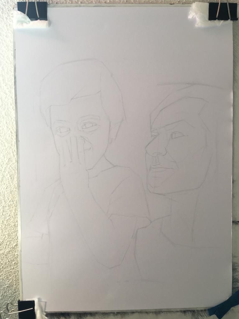 Ya ambos listo, en estructura y proporciones, definí la forma y masas de sombra y comencé por entonar.