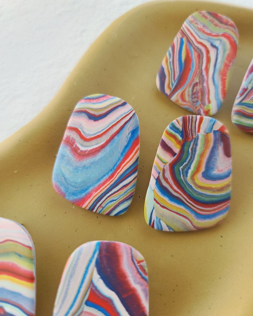 Marbled scrap polymer clay stud earrings by Made by Maeberry.
