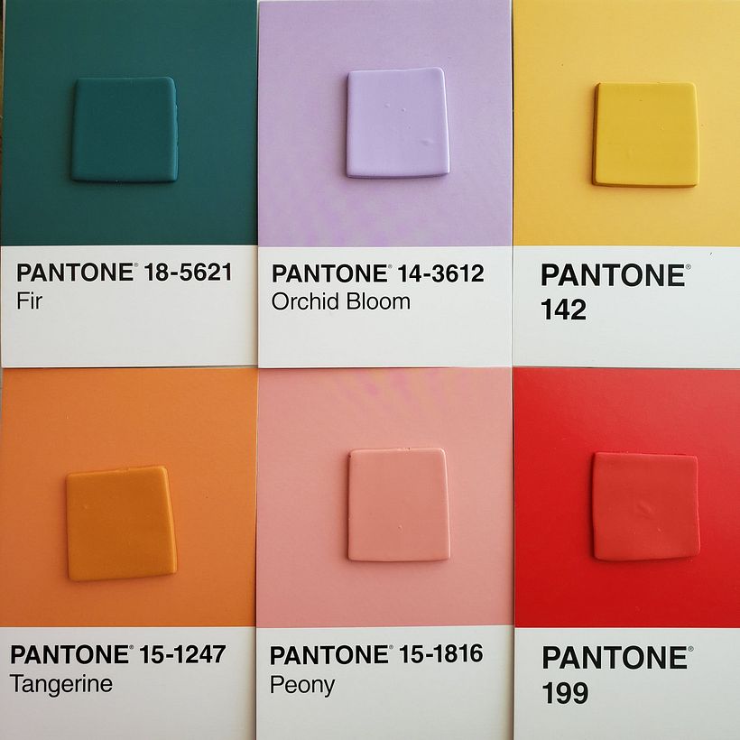 Pantone color sample cards and custom mixed polymer clay colors to match by Made by Maeberry.