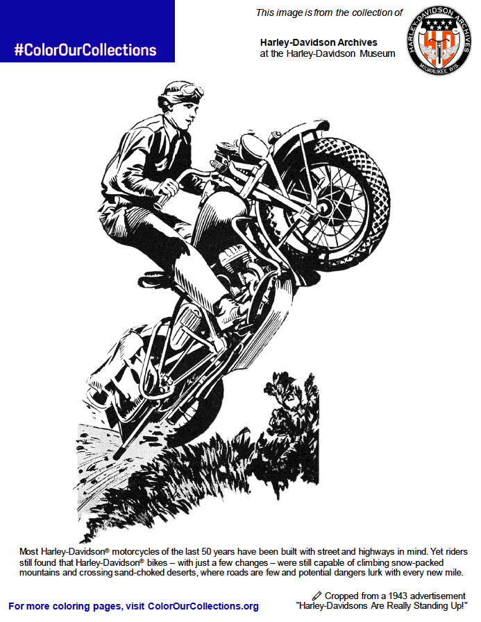 Image from the coloring book uploaded by the Harley-Davidson Archives.