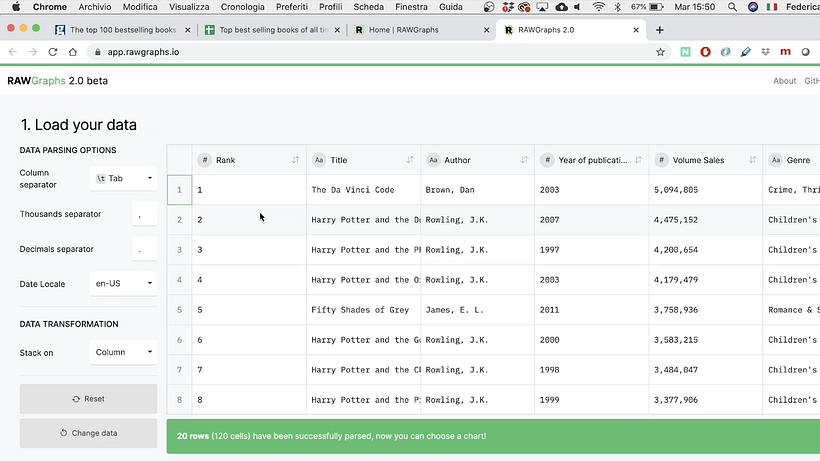 Pega tus datos en RAW Graphs.
