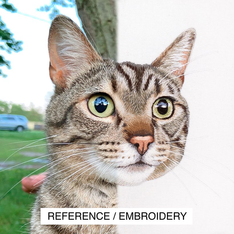 Reference photo vs. embroidered portrait comparisons  - Bordado