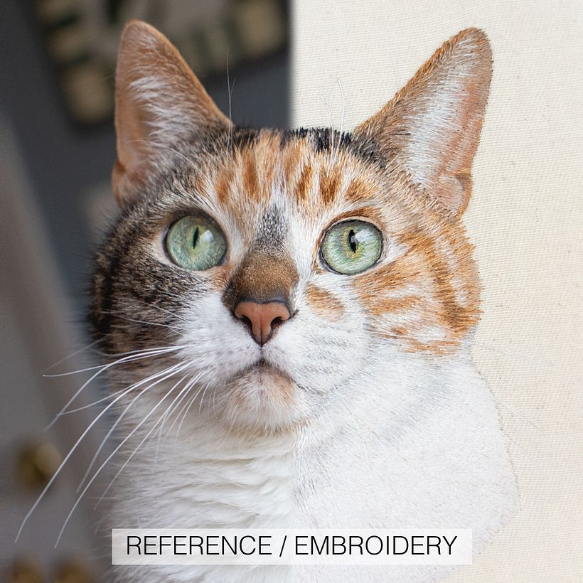 Reference photo vs. embroidered portrait comparisons  - Bordado