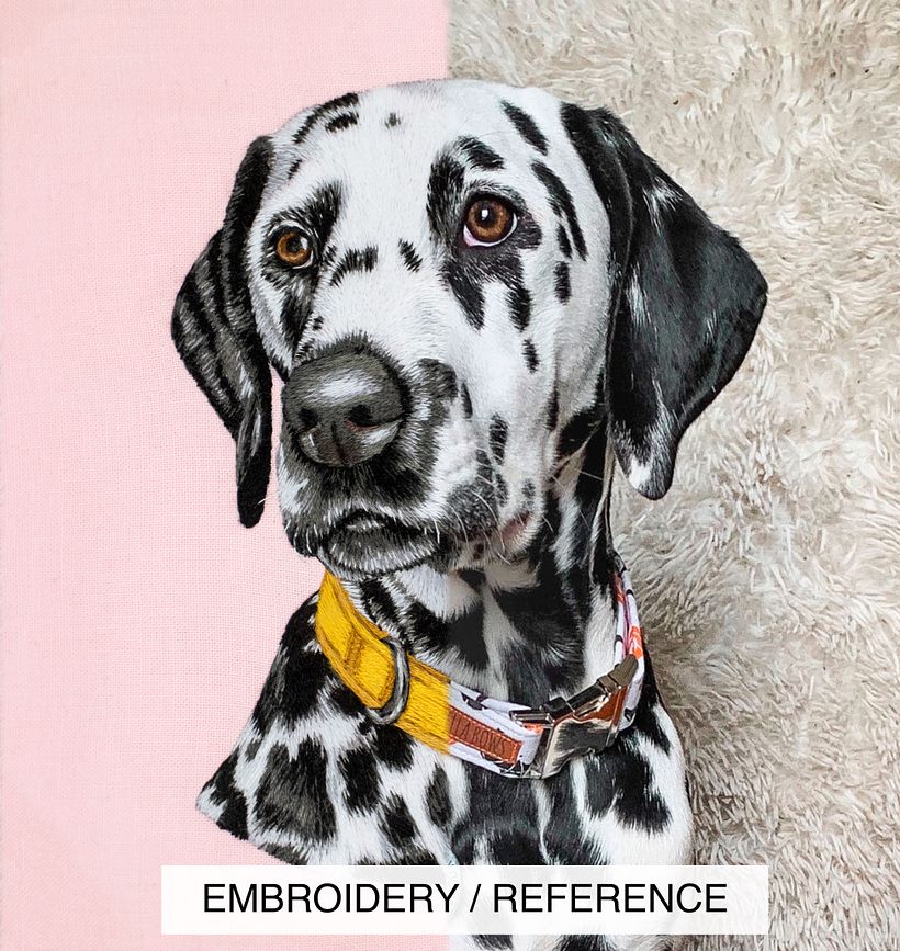 Reference photo vs. embroidered portrait comparisons  - Bordado