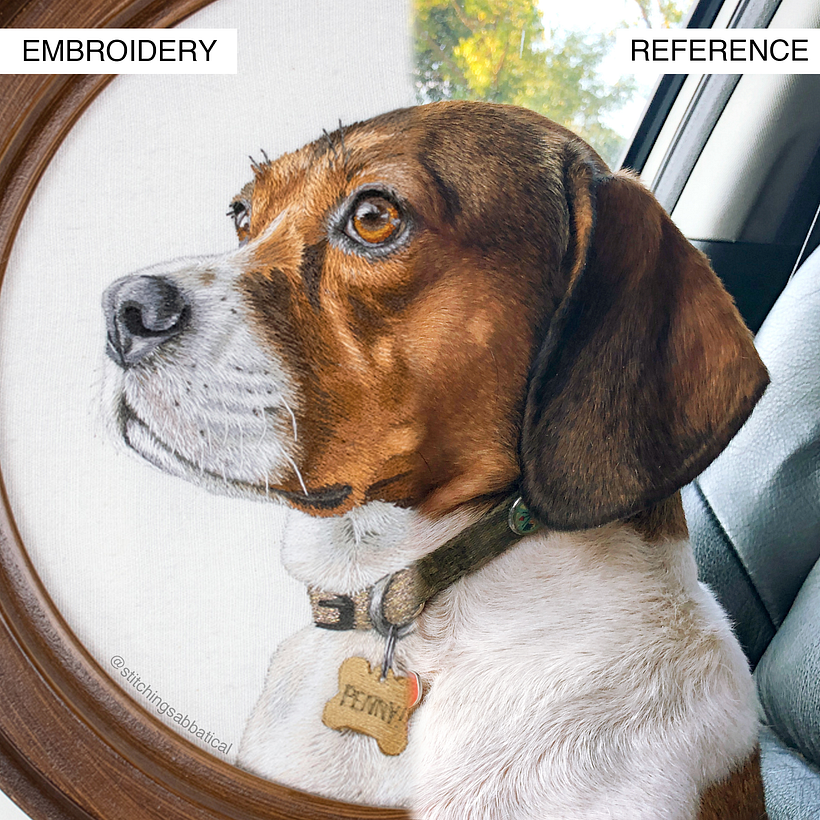 Reference photo vs. embroidered portrait comparisons  - Bordado