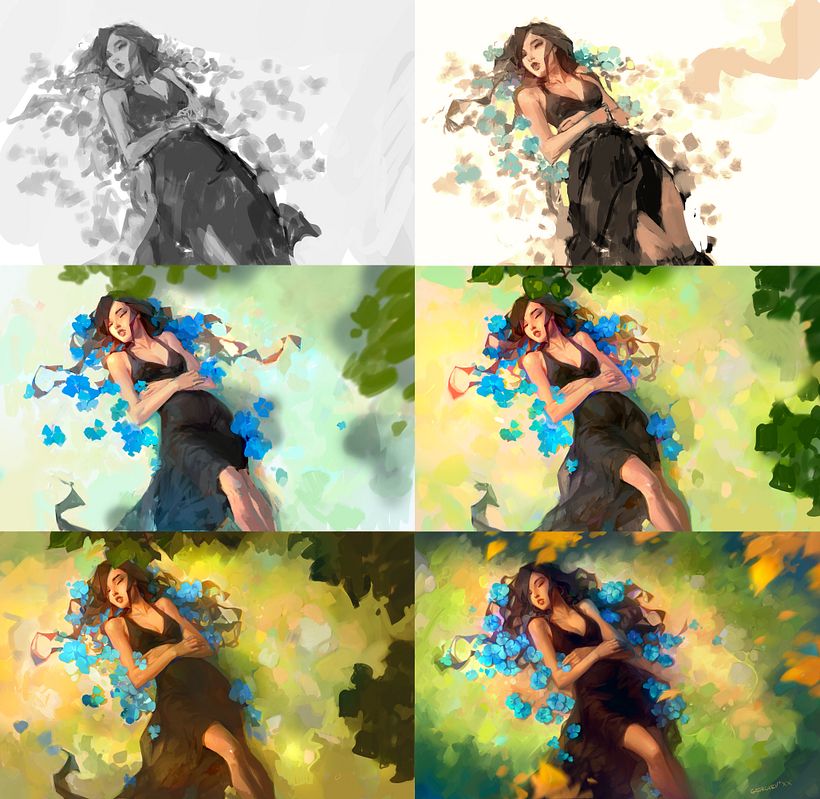 Here you can see some steps of my process. I start with very rough idea, and continue to add or change stuff :)