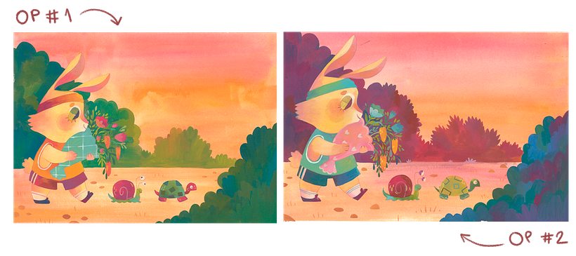 fiz duas opções de paleta de cores em guache para explorar o clima da ilustração