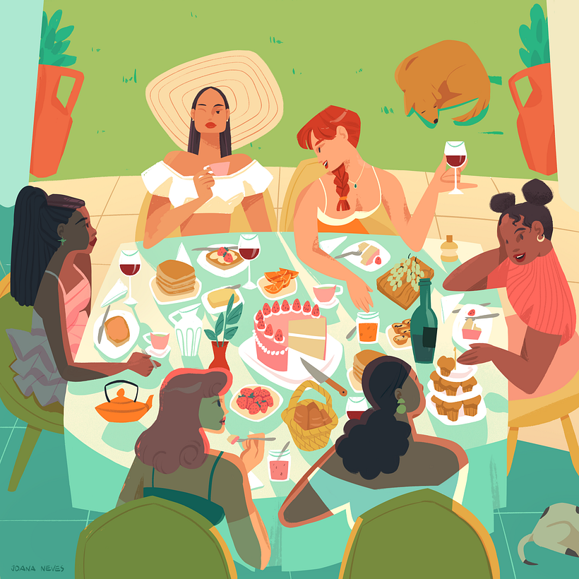 Seis Raparigas à Mesa - Ilustración tradicional