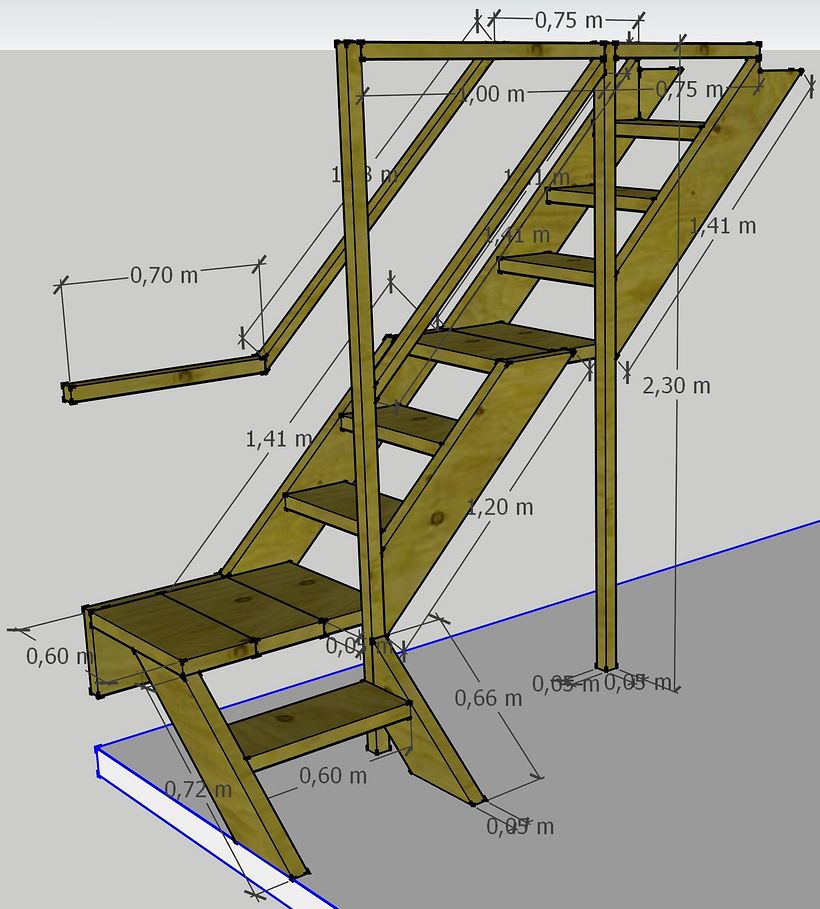 Imagen isometrica de escalera proyectada y posteriormente construida en madera