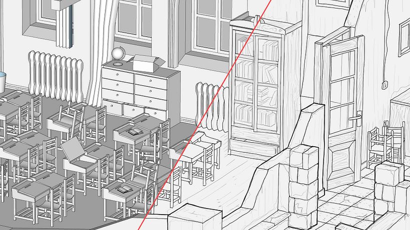 Modelo de SketchUp (izq.) y trazos en Photoshop (der.)