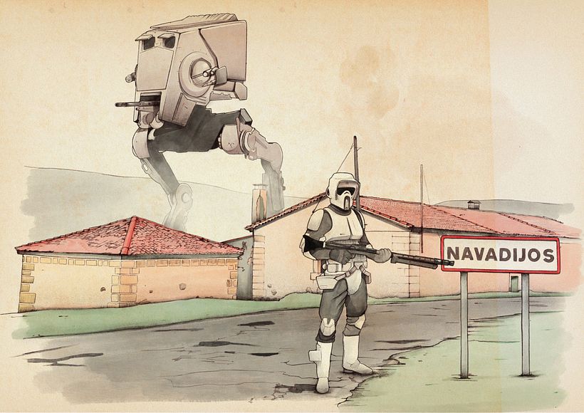 Guardia imperial y AT-ST en pueblo - Ilustración tradicional