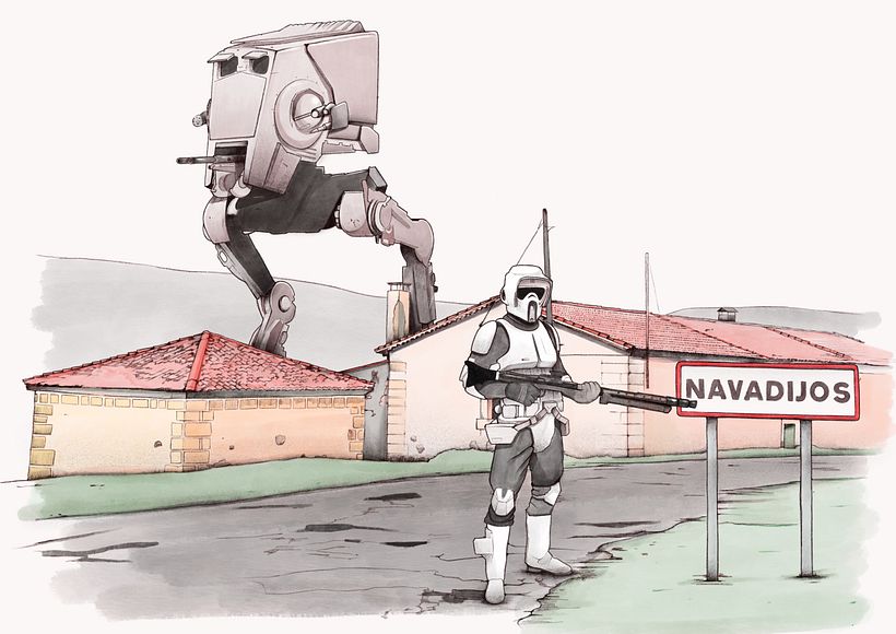 Guardia imperial y AT-ST en pueblo - Ilustración tradicional