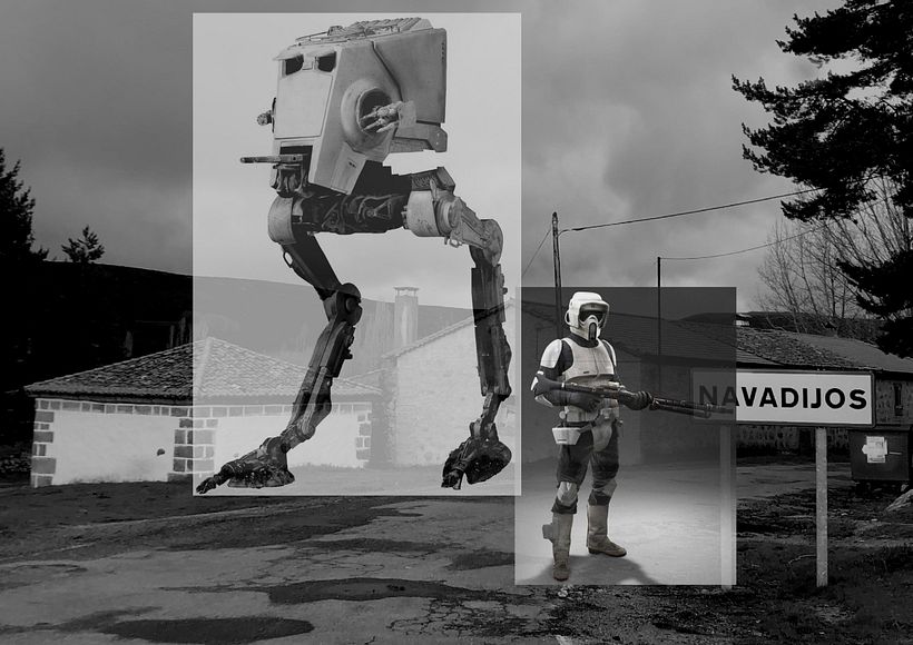 Guardia imperial y AT-ST en pueblo - Ilustración tradicional
