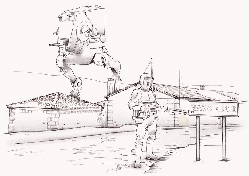 Guardia imperial y AT-ST en pueblo - Ilustración tradicional