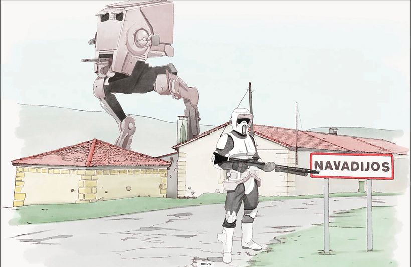 Guardia imperial y AT-ST en pueblo - Ilustración tradicional