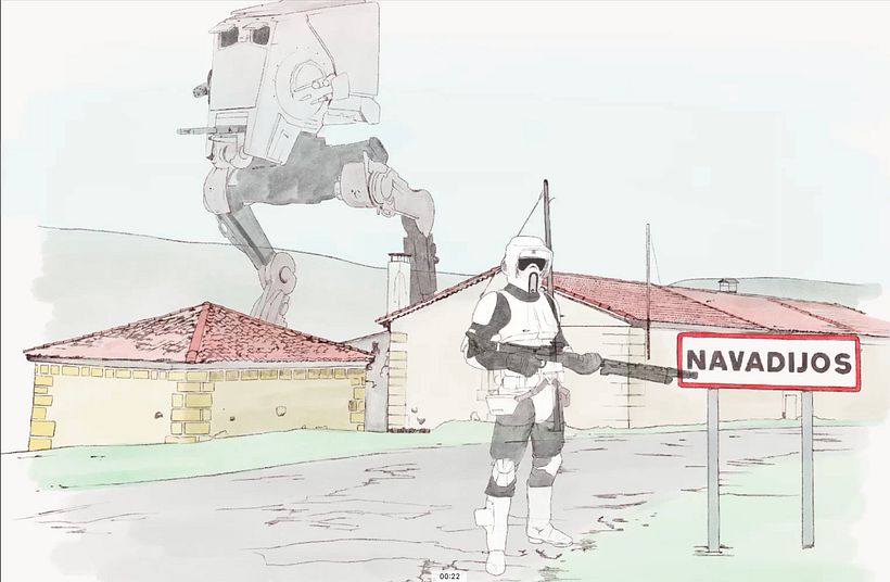 Guardia imperial y AT-ST en pueblo - Ilustración tradicional