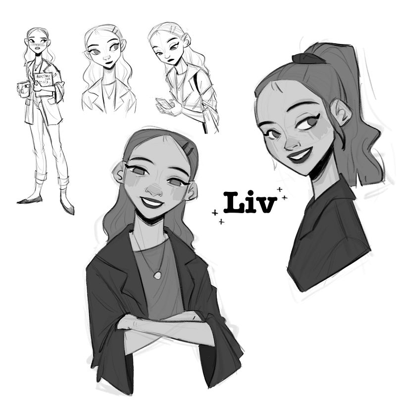 Exploration sketches and the final design of Liv - Stella's mom. She's in her 20s here, before she had Stella. 