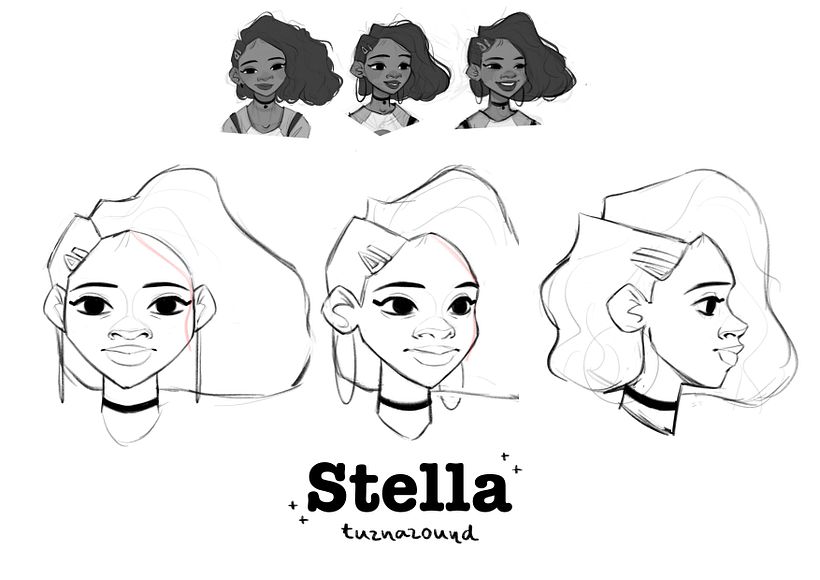 Turnaround with the hair covering her face in red so the animators would know the shape of her head underneath