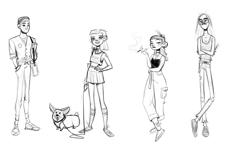 Sketches of the full line up - Holden - vocals / Ramona - guitar (and her dog Mochi) / Céline - bass / Fitz - drums