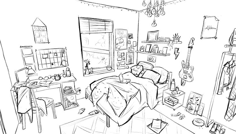 Linework for one of the room designs. Below are 3 variations with 2 different lighting conditions for each room. 