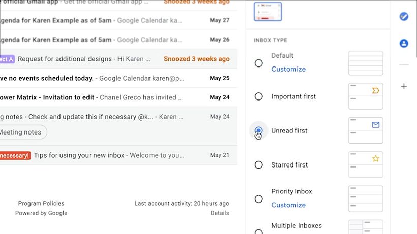 Selecione "Não lidas primeiro" para organizar sua caixa de entrada