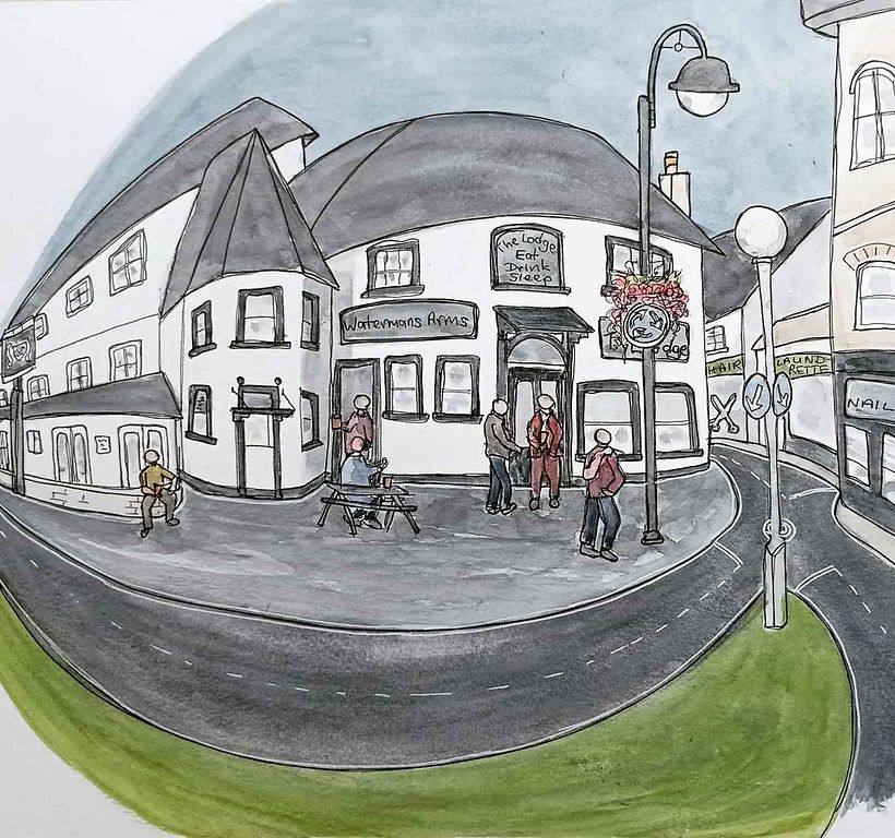 The Watermans Arms, Hersham: re-drawn in cylindrical perspective