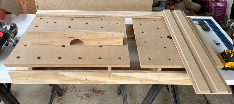 Before work began I made the workstation, cross cut guide and router fence.