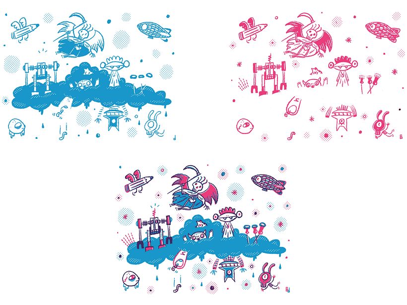The two screens (blue and magenta) and the final illustration