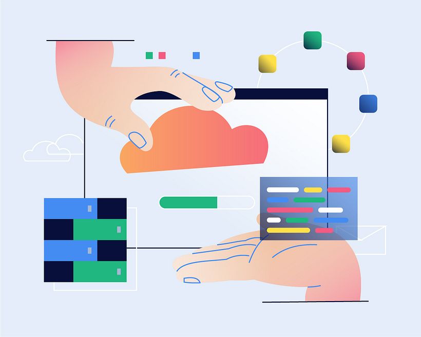 Especialistas en tecnologías de Google Cloud ilustrados por Maja Dabek para Domestika.
