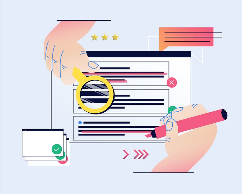 La figura de un fact checker ilustrada por Maja Dabek para Domestika.
