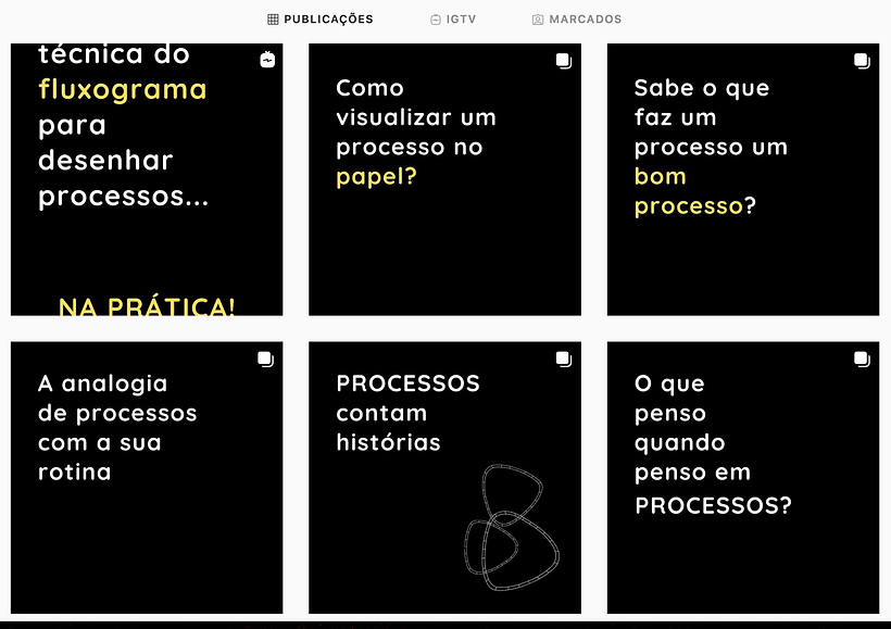 Feed: posts em grid e vídeos, postando toda terça e quinta, há 3 semanas, mantendo a identidade visual (cores e fonte)